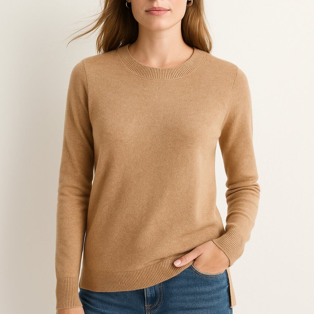 J. CREW Everyday 100% Cashmere Crewneck Sweater in Heather Camel SZ XS